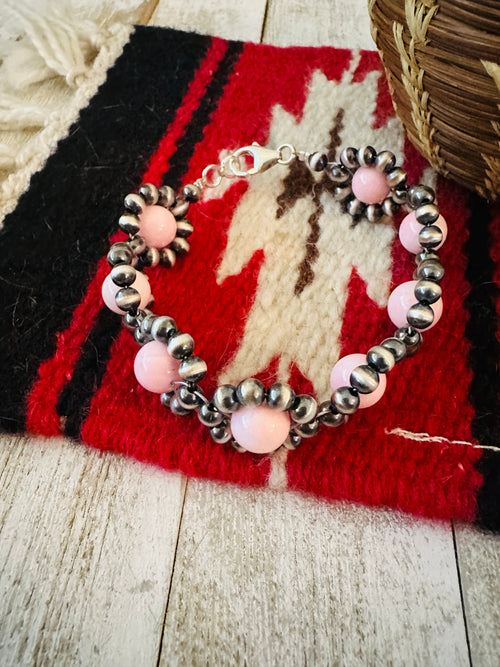 Navajo Queen Pink Conch Shell & Sterling Silver Beaded Flower Bracelet