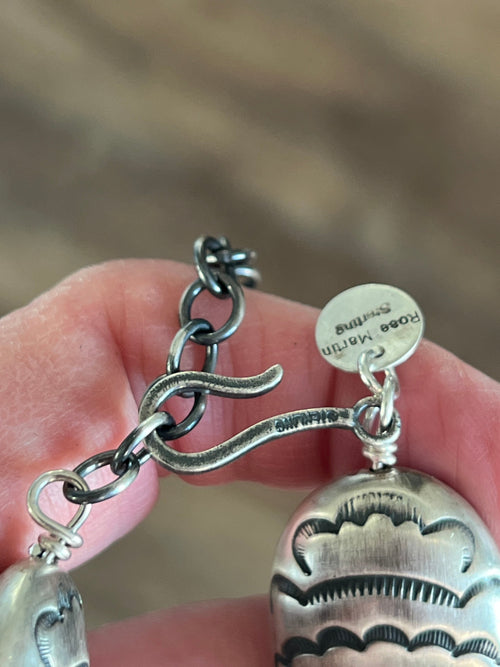 Navajo Handmade Triple Strand Sterling Silver, Spiny Oyster and Sonoran Mountain Bead Necklace by Rose Martin