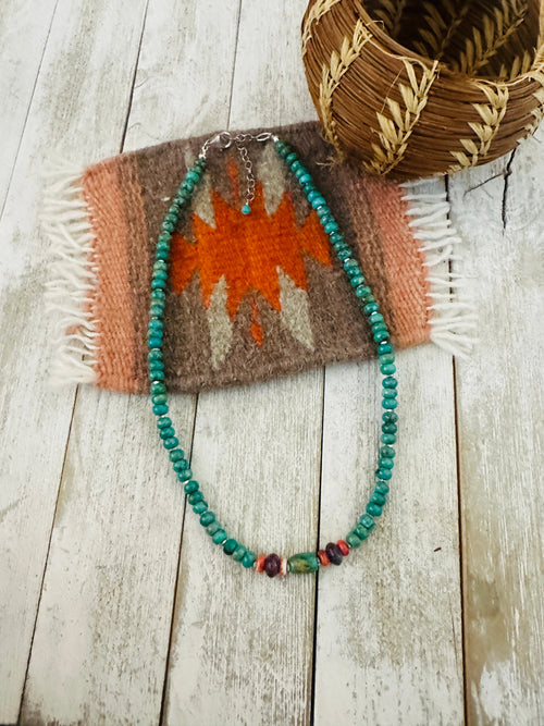 Handcrafted Turquoise, Spiny, Amethyst & Sterling Silver 16” Beaded Necklace