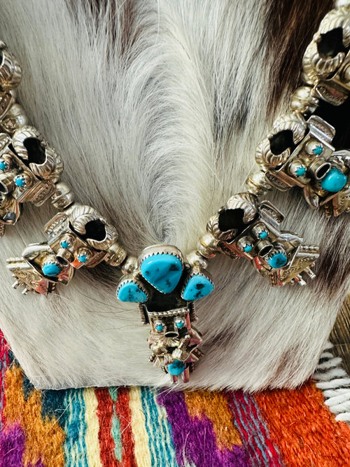 Old Pawn Handcrafted Turquoise & Sterling Silver Beaded Kachina Necklace by Doris Smallcanyon