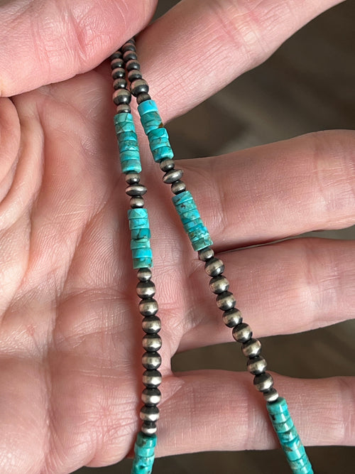 Handcrafted Summer Lovin’ Beaded Layering Necklace with Sterling Silver and Turquoise, 15” + 2”, The Wave Runner
