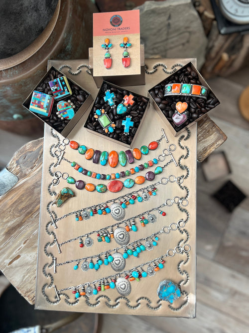 Raymond Coriz Handcrafted Sterling Silver Concho & Sonoran Turquoise Beaded Charm Bracelet