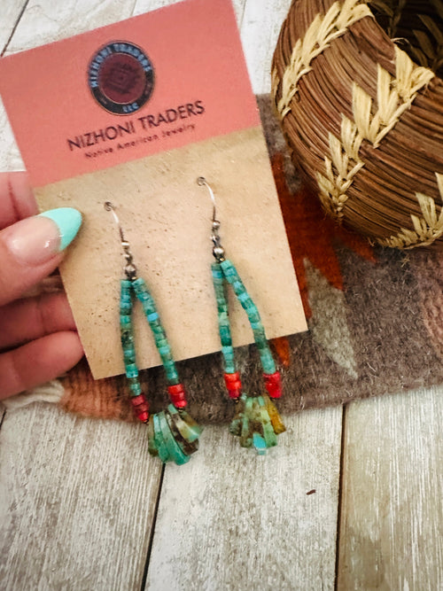 Navajo Turquoise, Coral & Sterling Silver Beaded Hoop Earrings