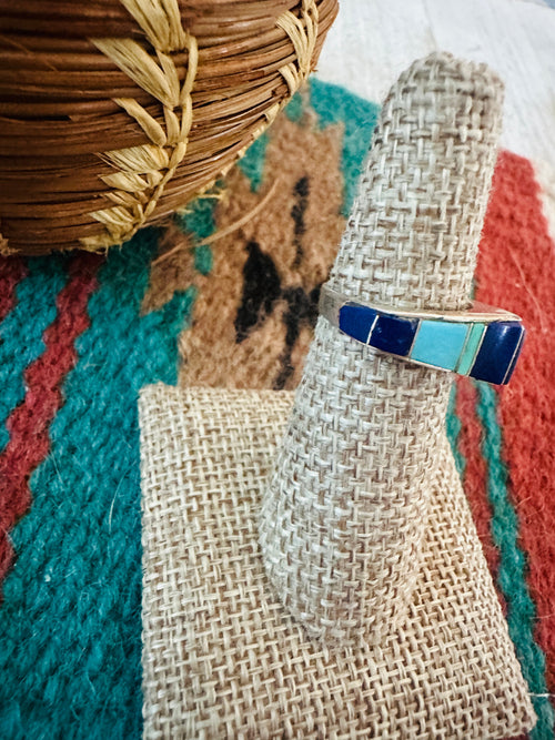 Handcrafted Old Pawn Sterling Silver, Lapis & Turquoise Inlay Band Ring Size 6