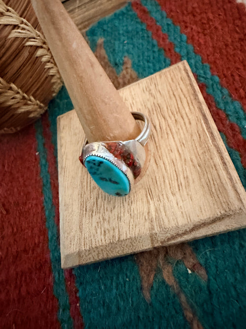 Old Pawn Handcrafted Turquoise, Coral & Sterling Silver Ring Size 14.5