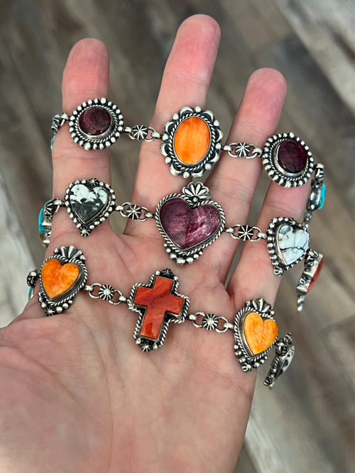 Diane Wylie Handcrafted Sterling Silver, Spiny Oyster, Turquoise & White Buffalo Link Bracelets