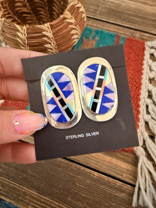 Old Pawn Handcrafted Sterling Silver & Multi Stone Inlay Post Earrings