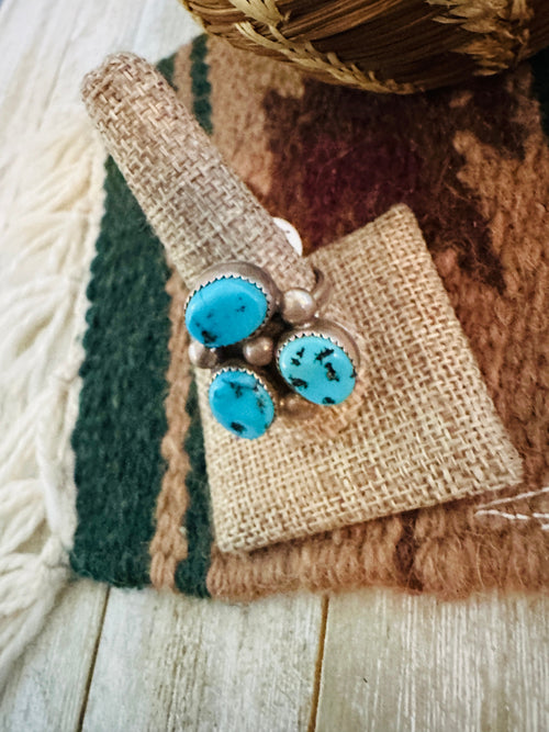 Old Pawn Handcrafted Turquoise & Sterling Silver Cluster Ring Size 10.5