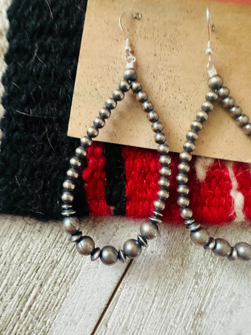 Navajo Sterling Silver Pearl Beaded Dangle Hoop Earrings