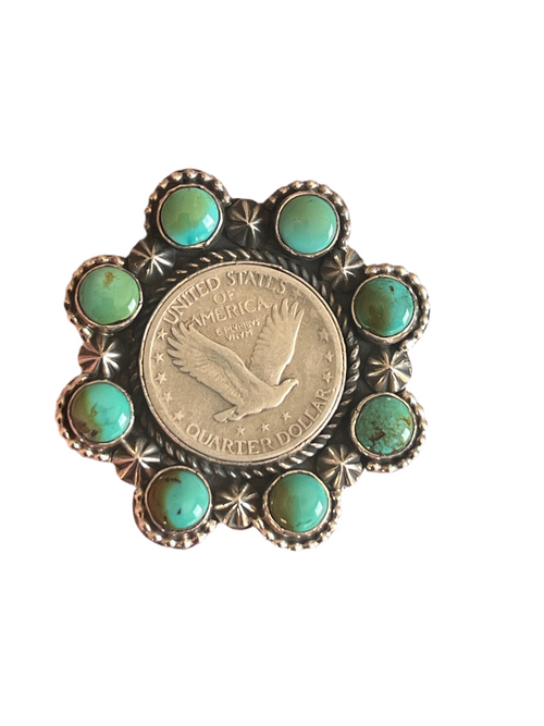Handcrafted Sterling Silver, Barber Quarter and Hubei Turquoise Cluster Ring by Rosella Paxson, Size 8