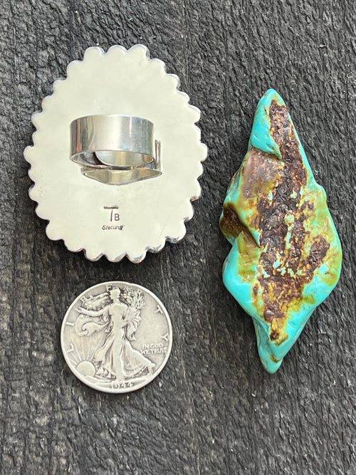 Handcrafted Sterling Silver, Royston Turquoise and Mediterranean Coral Cluster Ring by Tyler Brown, Adjustable