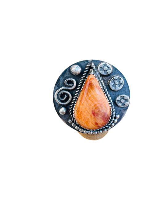 Old Pawn Navajo Sterling Silver & Orange Spiny Ring Size 8