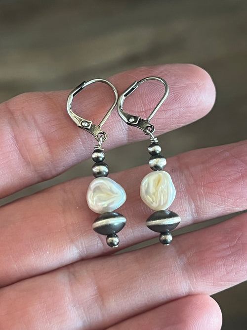Navajo Made Summer Lovin’ Sterling Silver and Freshwater Pearl Bead Drop Earrings, Leverback