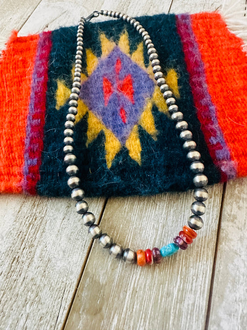 Handcrafted Sterling Silver, Spiny & Turquoise Beaded 14” Necklace