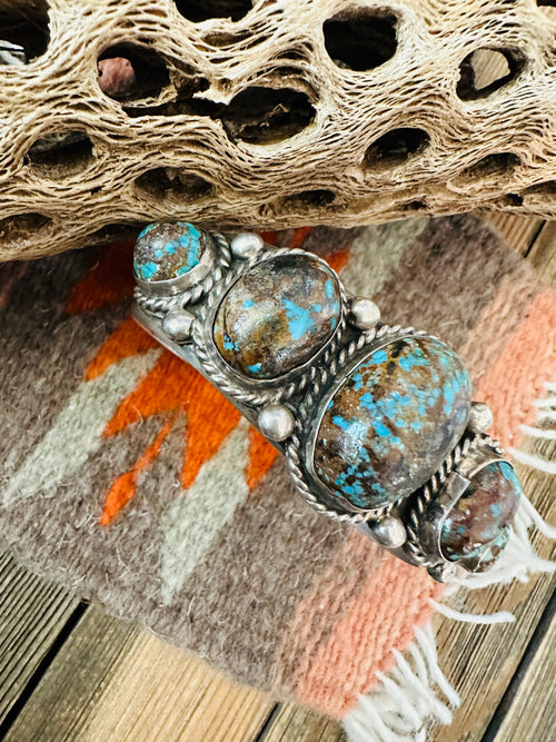 Navajo Old Pawn Morenci Turquoise & Sterling Silver Cuff Bracelet /