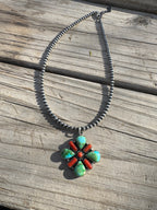 Beautiful Handmade Sterling Silver, Coral & Sonoran Turquoise Beaded Necklace