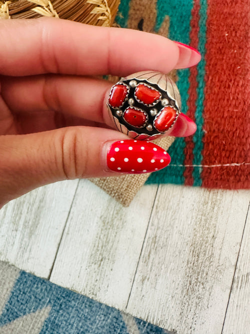 Old Pawn Navajo Sterling Silver & Coral Ring Size 10