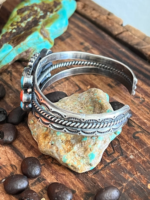 Handcrafted Split Sterling Silver, Kingman Turquoise Heart & Spiny Oyster Cuff Bracelet by Diane Wylie