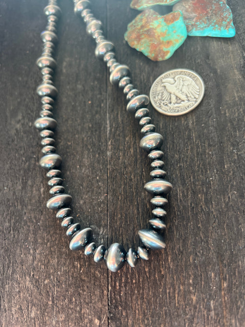 Vinita Cowboy Handmade 6, 8 & 13mm Sterling Silver Navajo Pearl Mixed Saucer Necklace, 21 inches