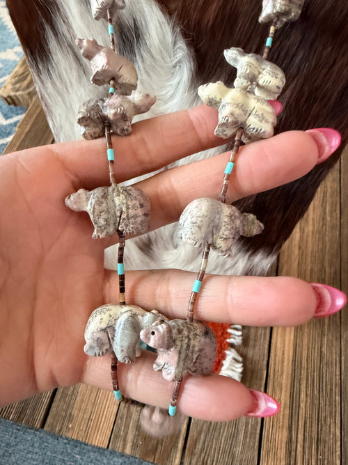 Handcrafted Sterling Silver & Beaded Fetish Bear Necklace 28" by Larry Cisco