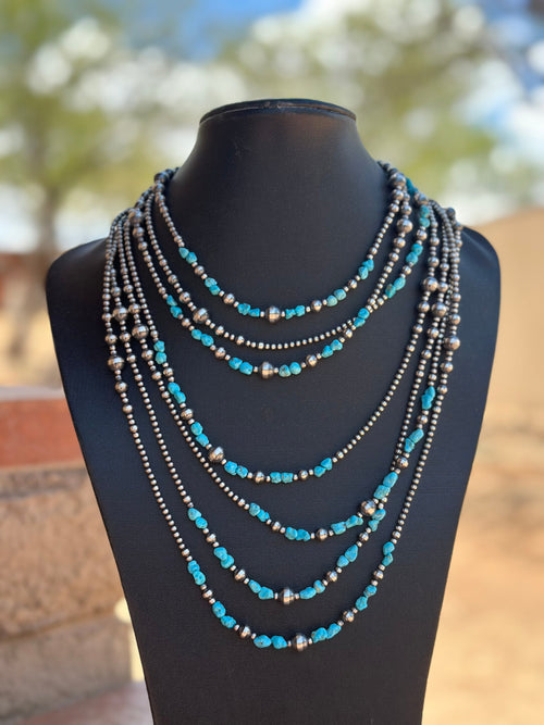 Handcrafted Kingman Dance Turquoise & Sterling Silver 3mm-8mm Beaded Necklace
