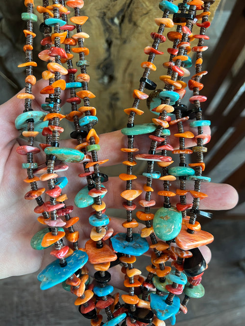Gorgeous Handcrafted Five Strand Spiny Oyster and Turquoise Beaded Squaw Wrap Necklace with Tabs by Daniel Coriz