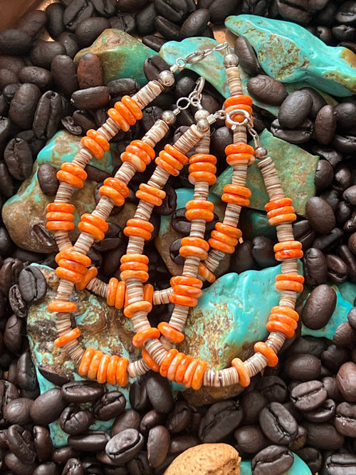 Navajo Orange Spiny, Heishi & Sterling Silver Beaded Bracelet