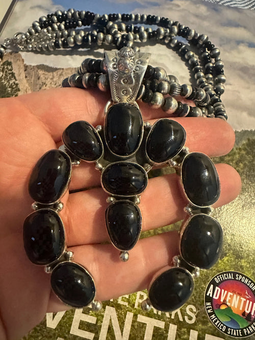 Handmade Sterling Silver Onyx Beaded Naja Necklace Set By Dan Dodson