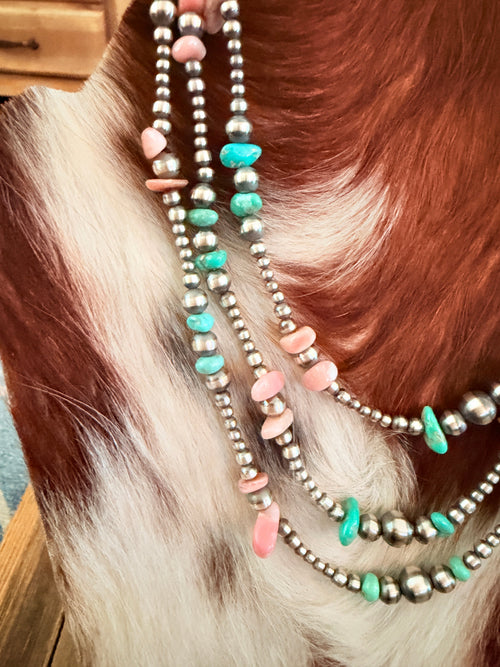 Handcrafted Turquoise, Queen Pink Conch and Sterling Silver Pearl Beaded Necklace