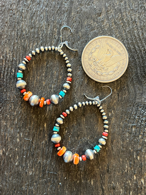 Navajo Made Electric Rainbow Sterling Silver, Turquoise & Spiny Oyster Beaded Drop Hoop Earrings, Leverback