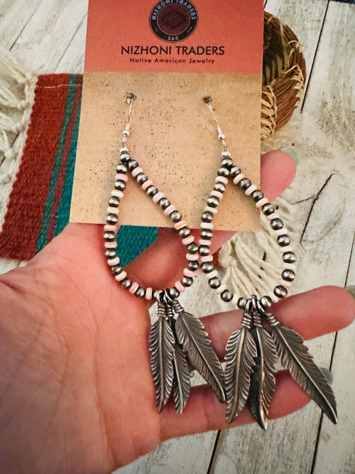 Queen Pink Conch & Sterling Silver Pearl Feather Beaded Hoop Earrings