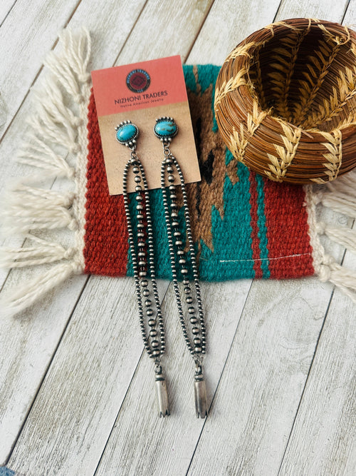 Handcrafted Turquoise & Sterling Silver Pearl Beaded Blossom Dangle Earrings