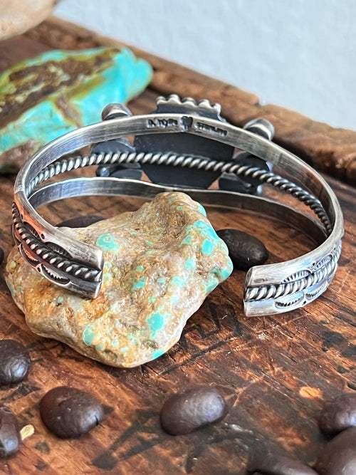 Handcrafted Split Sterling Silver, Kingman Turquoise Heart & Spiny Oyster Cuff Bracelet by Diane Wylie