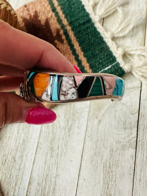 Handcrafted Old Pawn Multi Stone & Sterling Silver Inlay Cuff Bracelet