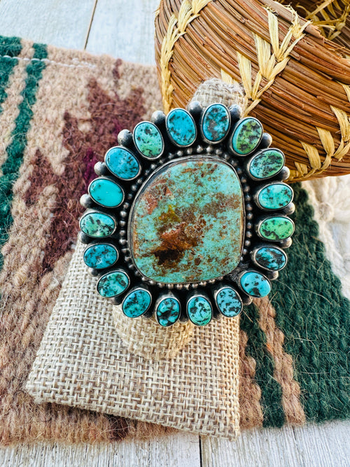 Old Pawn Handcrafted Turquoise & Sterling Silver Cluster Ring Size 7 by B. Yellowhorse