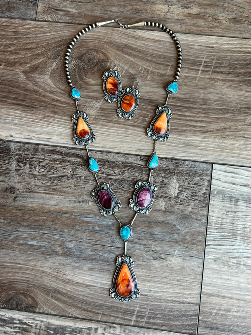 Handcrafted Sterling Silver, Spiny Oyster and Turquoise Link and Bead Necklace and Earrings Set by Derrick Gordon