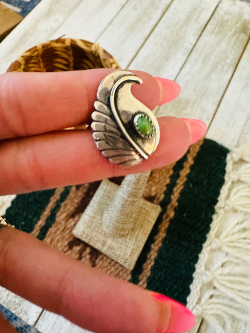 Old Pawn Navajo Sterling Silver & Turquoise Feather Ring Size 7.5