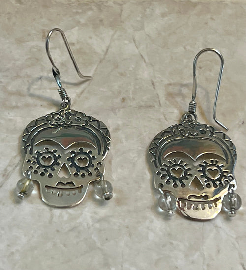 Frida Skull with Clear Beads Sterling Silver Earrings