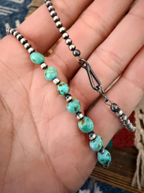 Handcrafted Turquoise & 3mm Sterling Silver Pearl Beaded Necklace