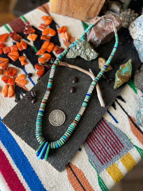 Ronald Chavez Handcrafted Sterling Silver & Multistone Heishi Beaded Santo Domingo Necklace with Tabs