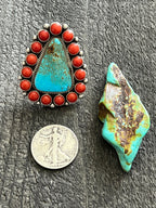 Handcrafted Sterling Silver, Kingman Turquoise and Mediterranean Coral Cluster Ring By Tyler Brown, Adjustable