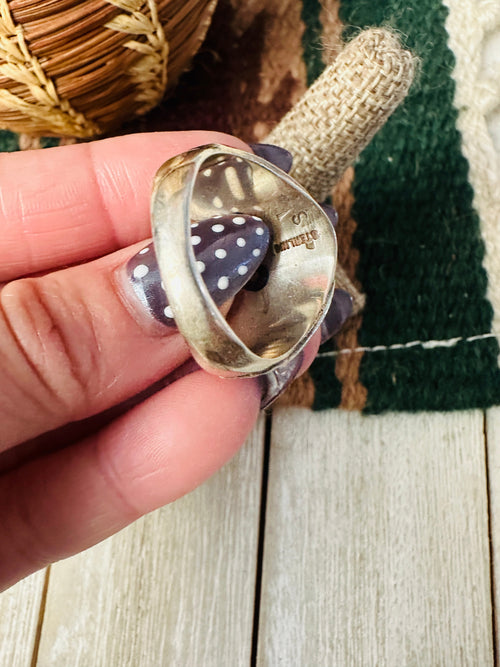 Old Pawn Handcrafted Turquoise, Coral & Sterling Silver Ring Size 12