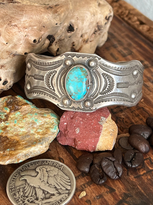 Hand Forged Old Pawn Sterling Silver & Turquoise Ingot Cuff Bracelets by Santa Fe Artist, Buffalo: The Twins
