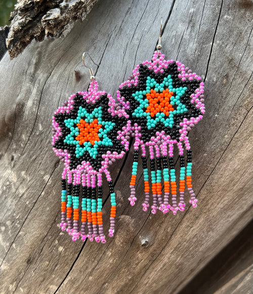 Handmade MultiColor Beaded Dangle Earrings (Purple, Turquoise, Orange)