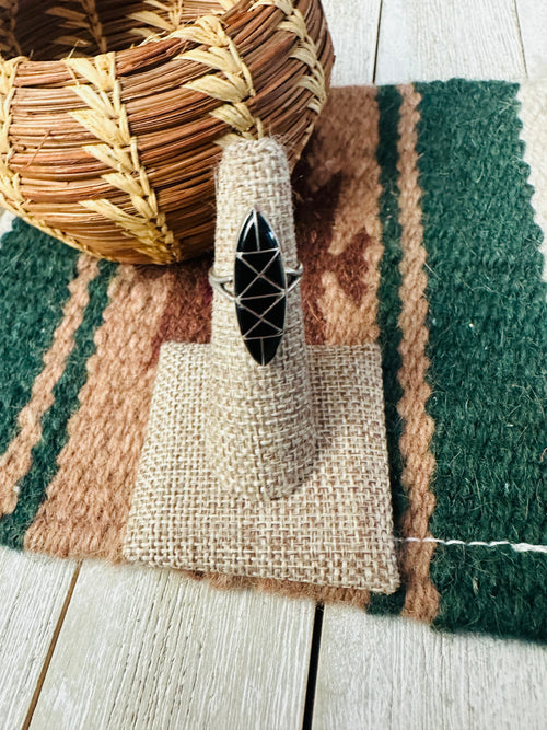 Old Pawn Handcrafted Onyx & Sterling Silver Inlay Ring Size 5