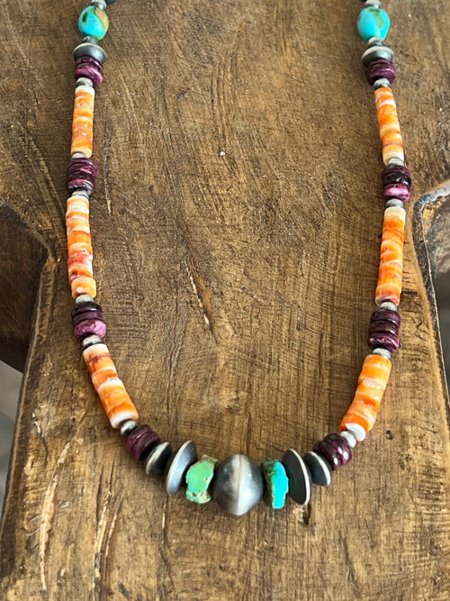 Navajo Made Electric Rainbow Sterling Silver, Turquoise and Spiny Oyster Single Strand Beaded Necklace by Rose Martin, 22 + 2 Inches