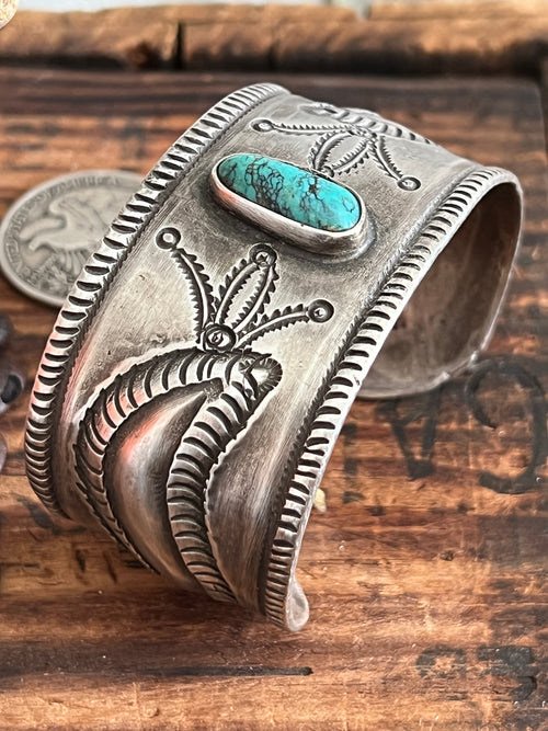 Hand Forged Old Pawn Sterling Silver & Turquoise Ingot Cuff Bracelet by Santa Fe Artist, Buffalo, The Harvest