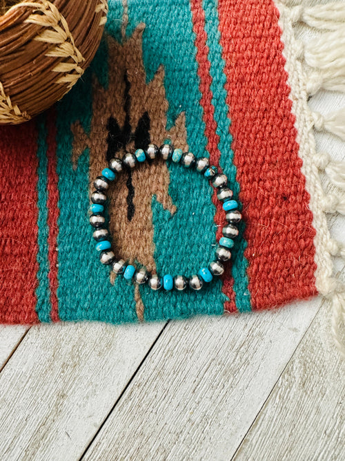 Handcrafted Turquoise & Sterling Silver Pearl Beaded Stretch Bracelet