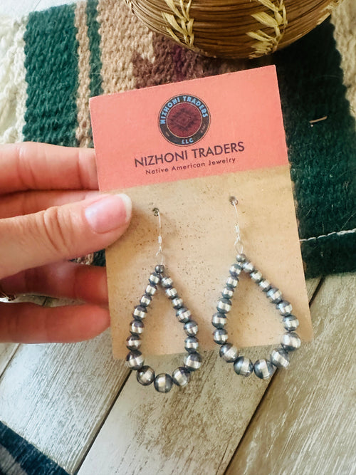 Navajo Sterling Silver Pearl Beaded Dangle Hoop Earrings