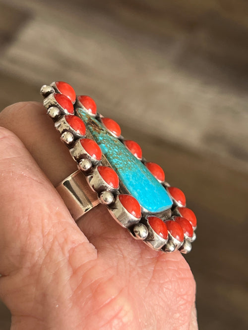 Handcrafted Sterling Silver, Kingman Turquoise and Mediterranean Coral Cluster Ring By Tyler Brown, Adjustable